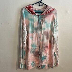 Tie-Dye Hooded Sweatshirt with Red Plaid Accents